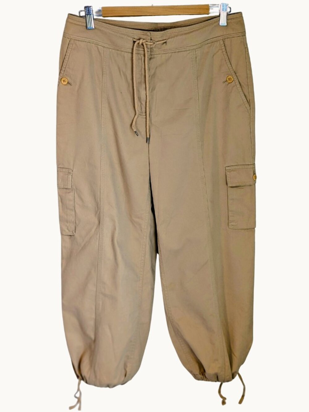 Jones New York Cargo Pants Barrel Leg Drawstring Hem Tan Khaki Size 8 Utility